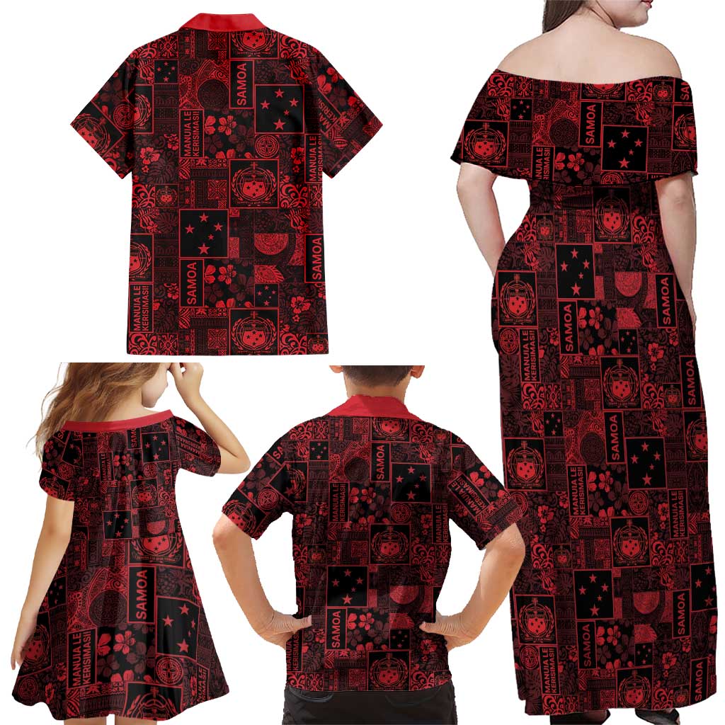 Dark Samoa Manuia Le Kerisimasi Family Matching Off Shoulder Maxi Dress and Hawaiian Shirt Pacific Patchwork Xmas Vibes LT9 - Polynesian Pride