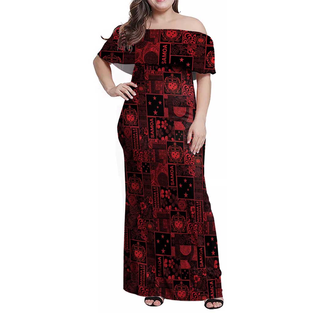 Dark Samoa Manuia Le Kerisimasi Family Matching Off Shoulder Maxi Dress and Hawaiian Shirt Pacific Patchwork Xmas Vibes LT9 Mom's Dress Red - Polynesian Pride