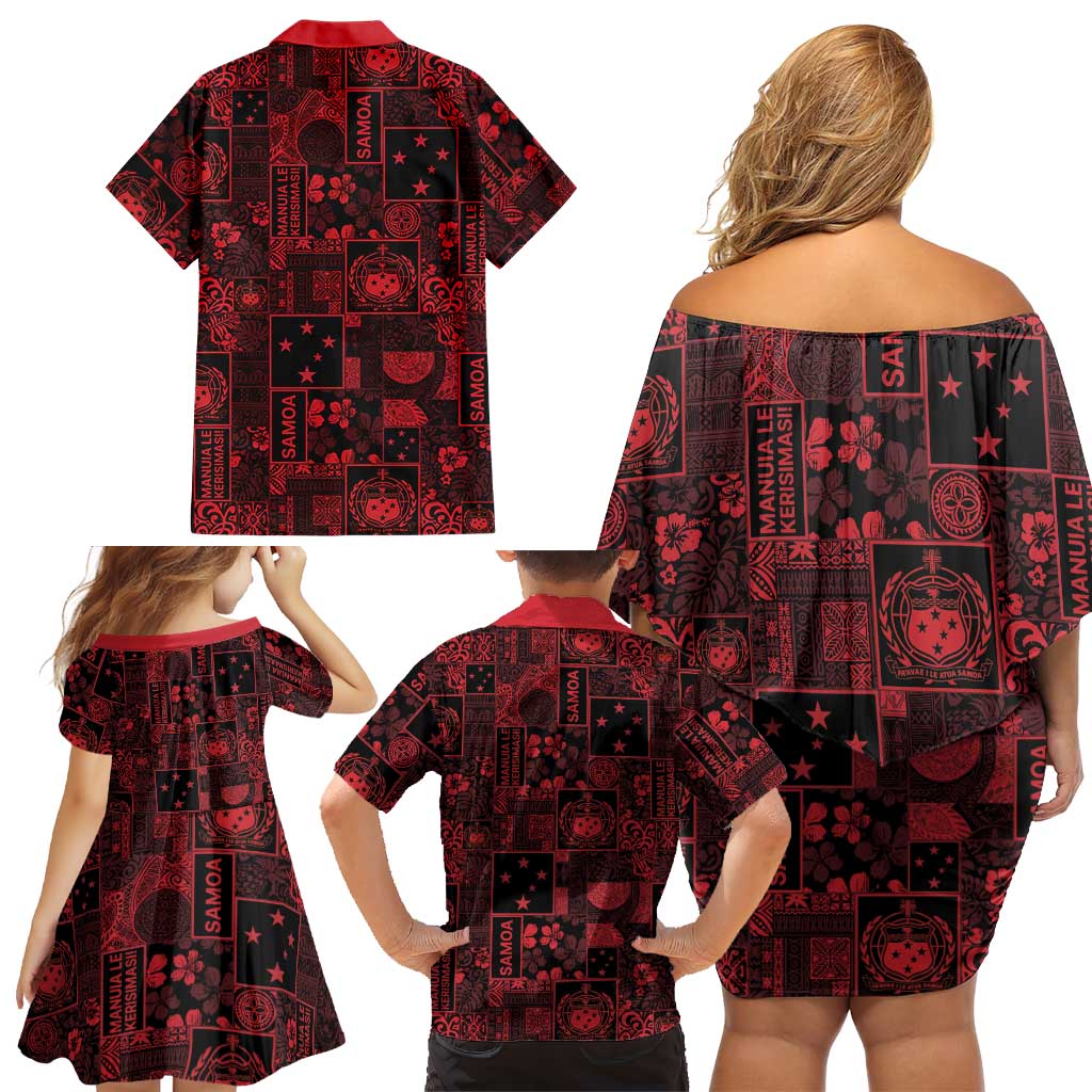 Dark Samoa Manuia Le Kerisimasi Family Matching Off Shoulder Short Dress and Hawaiian Shirt Pacific Patchwork Xmas Vibes LT9 - Polynesian Pride