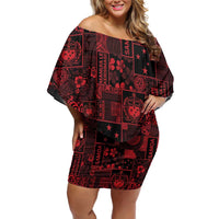 Dark Samoa Manuia Le Kerisimasi Family Matching Off Shoulder Short Dress and Hawaiian Shirt Pacific Patchwork Xmas Vibes LT9 Mom's Dress Red - Polynesian Pride