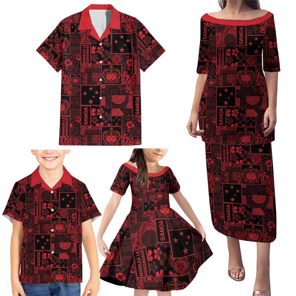 Dark Samoa Manuia Le Kerisimasi Family Matching Puletasi and Hawaiian Shirt Pacific Patchwork Xmas Vibes - Polynesian Pride
