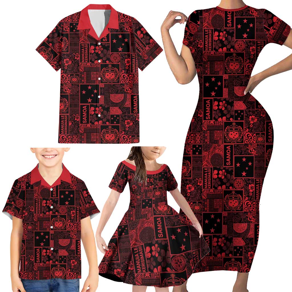 Dark Samoa Manuia Le Kerisimasi Family Matching Short Sleeve Bodycon Dress and Hawaiian Shirt Pacific Patchwork Xmas Vibes LT9 - Polynesian Pride