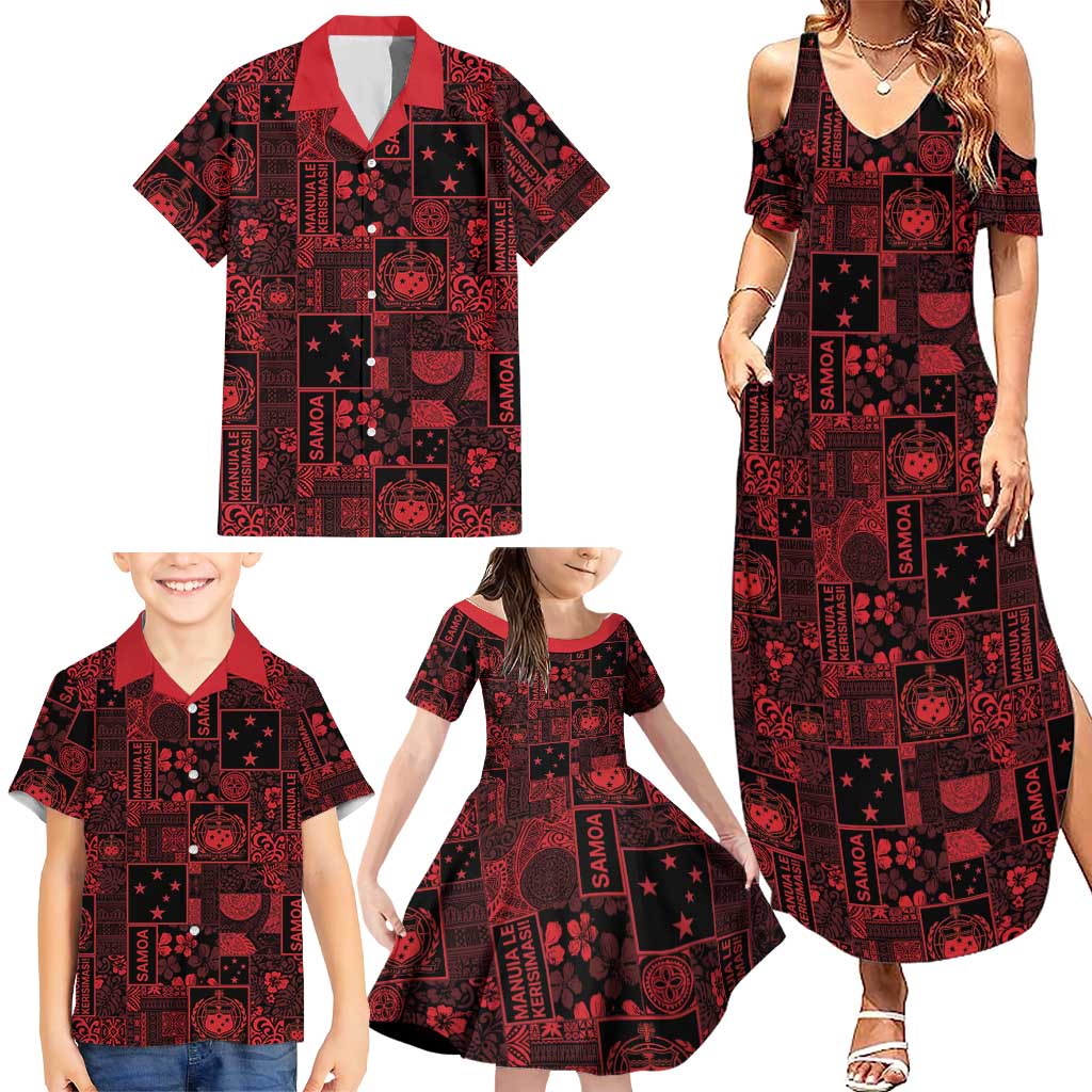 Dark Samoa Manuia Le Kerisimasi Family Matching Summer Maxi Dress and Hawaiian Shirt Pacific Patchwork Xmas Vibes - Polynesian Pride