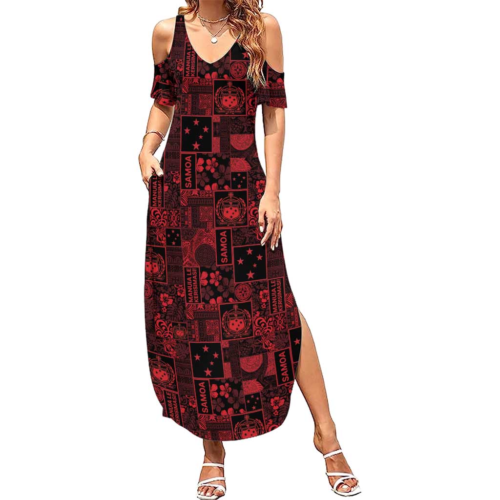 Dark Samoa Manuia Le Kerisimasi Family Matching Summer Maxi Dress and Hawaiian Shirt Pacific Patchwork Xmas Vibes LT9 Mom's Dress Red - Polynesian Pride