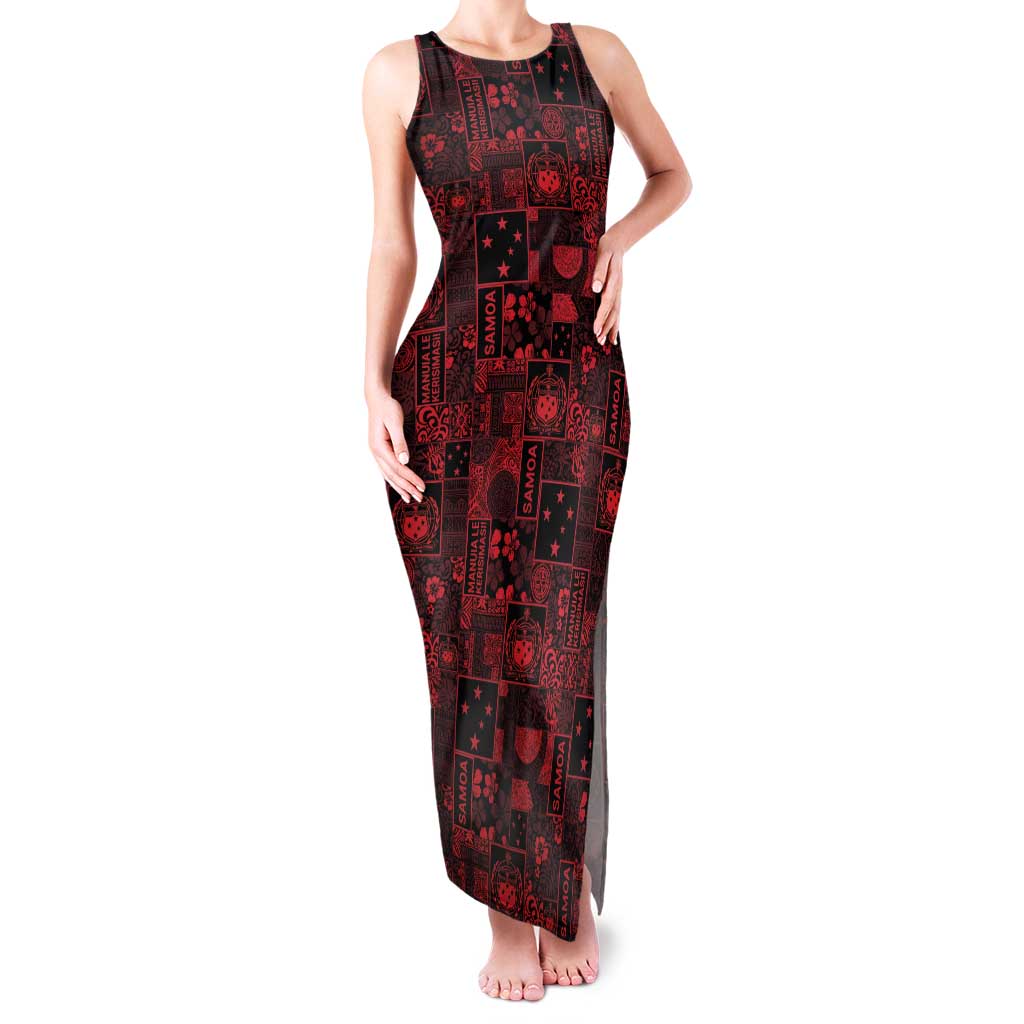 Dark Samoa Manuia Le Kerisimasi Family Matching Tank Maxi Dress and Hawaiian Shirt Pacific Patchwork Xmas Vibes LT9 Mom's Dress Red - Polynesian Pride