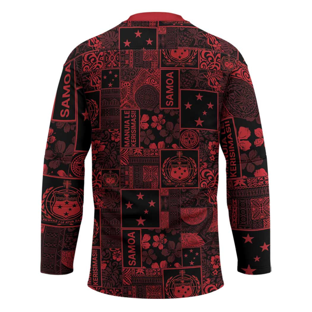 Dark Samoa Manuia Le Kerisimasi Hockey Jersey Pacific Patchwork Xmas Vibes - Polynesian Pride