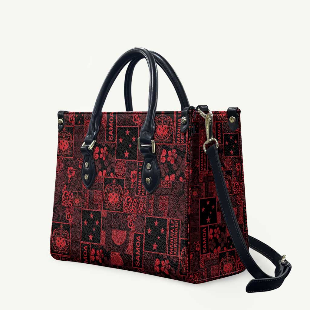 Dark Samoa Manuia Le Kerisimasi Leather Bag Pacific Patchwork Xmas Vibes - Polynesian Pride