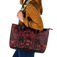 Dark Samoa Manuia Le Kerisimasi Leather Tote Bag Pacific Patchwork Xmas Vibes - Polynesian Pride
