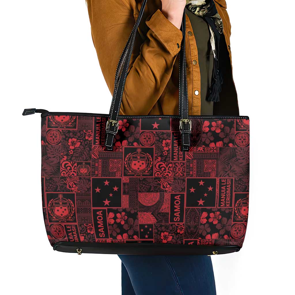 Dark Samoa Manuia Le Kerisimasi Leather Tote Bag Pacific Patchwork Xmas Vibes - Polynesian Pride