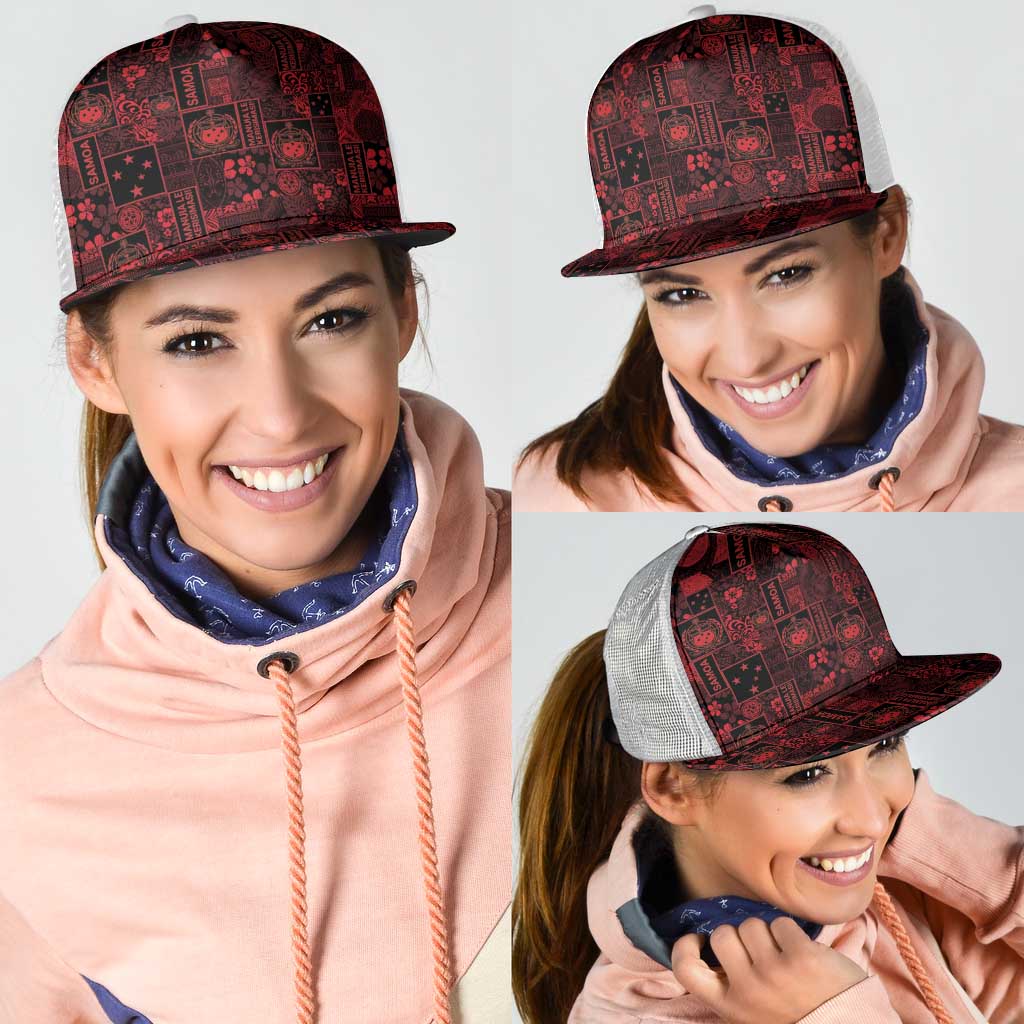 Dark Samoa Manuia Le Kerisimasi Mesh Trucker Cap Pacific Patchwork Xmas Vibes - Polynesian Pride