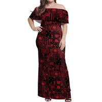 Dark Samoa Manuia Le Kerisimasi Off Shoulder Maxi Dress Pacific Patchwork Xmas Vibes LT9 Women Red - Polynesian Pride