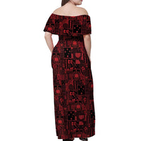 Dark Samoa Manuia Le Kerisimasi Off Shoulder Maxi Dress Pacific Patchwork Xmas Vibes LT9 - Polynesian Pride