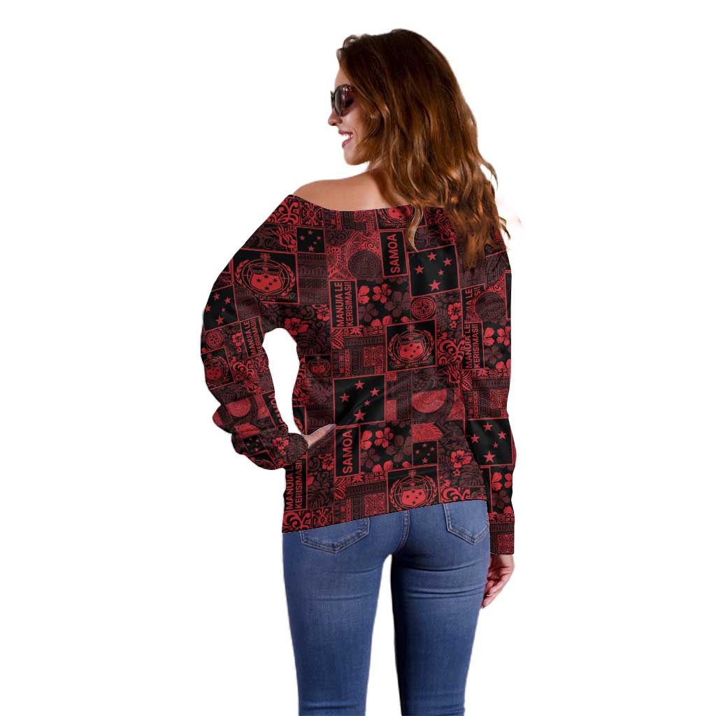 Dark Samoa Manuia Le Kerisimasi Off Shoulder Sweater Pacific Patchwork Xmas Vibes - Polynesian Pride