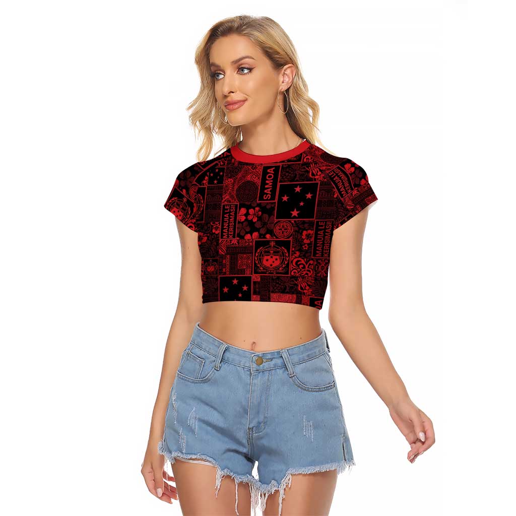 Dark Samoa Manuia Le Kerisimasi Raglan Cropped T Shirt Pacific Patchwork Xmas Vibes - Polynesian Pride