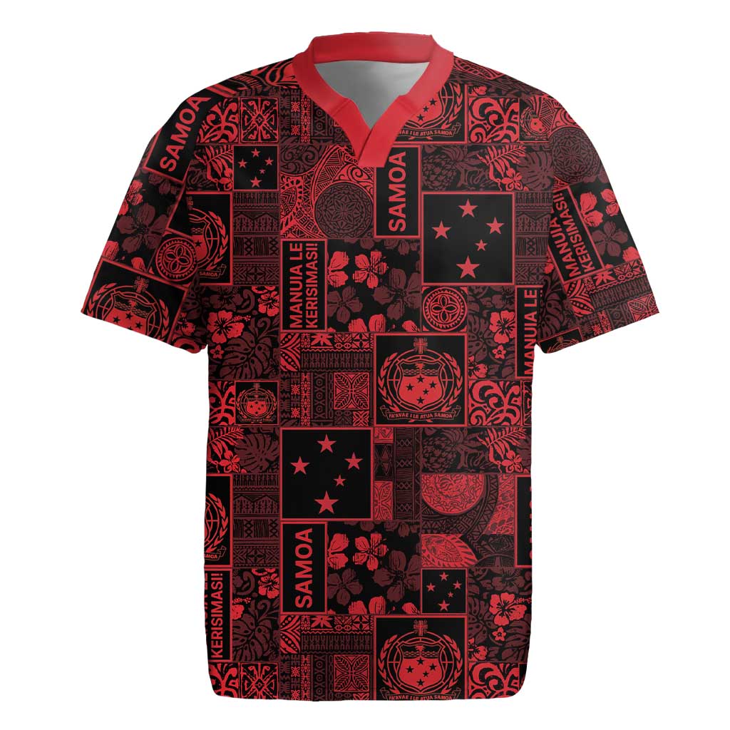 Dark Samoa Manuia Le Kerisimasi Rugby Jersey Pacific Patchwork Xmas Vibes - Polynesian Pride