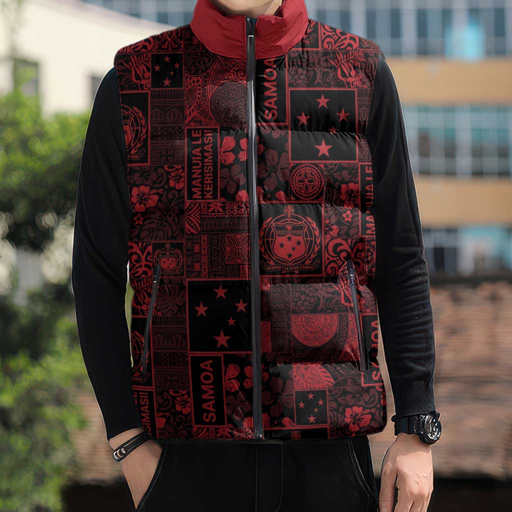 Dark Samoa Manuia Le Kerisimasi Sleeveless Puffer Jacket Pacific Patchwork Xmas Vibes - Polynesian Pride