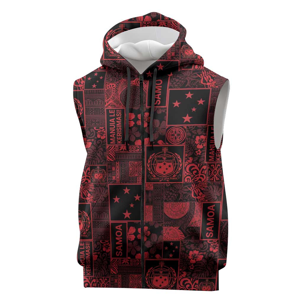 Dark Samoa Manuia Le Kerisimasi Sleeveless Zip Hoodie Pacific Patchwork Xmas Vibes LT9 Red - Polynesian Pride