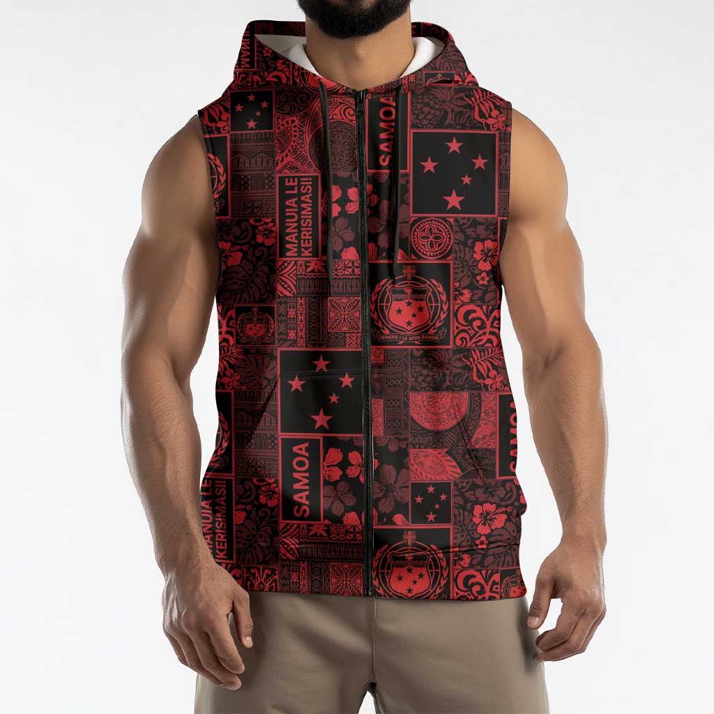Dark Samoa Manuia Le Kerisimasi Sleeveless Zip Hoodie Pacific Patchwork Xmas Vibes LT9 - Polynesian Pride