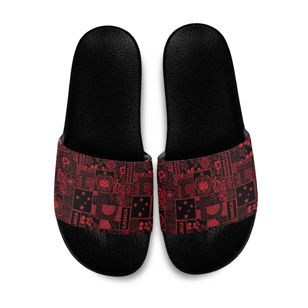 Dark Samoa Manuia Le Kerisimasi Slide Sandals Pacific Patchwork Xmas Vibes - Polynesian Pride