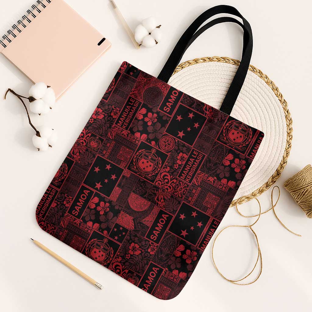 Dark Samoa Manuia Le Kerisimasi Tote Bag Pacific Patchwork Xmas Vibes - Polynesian Pride