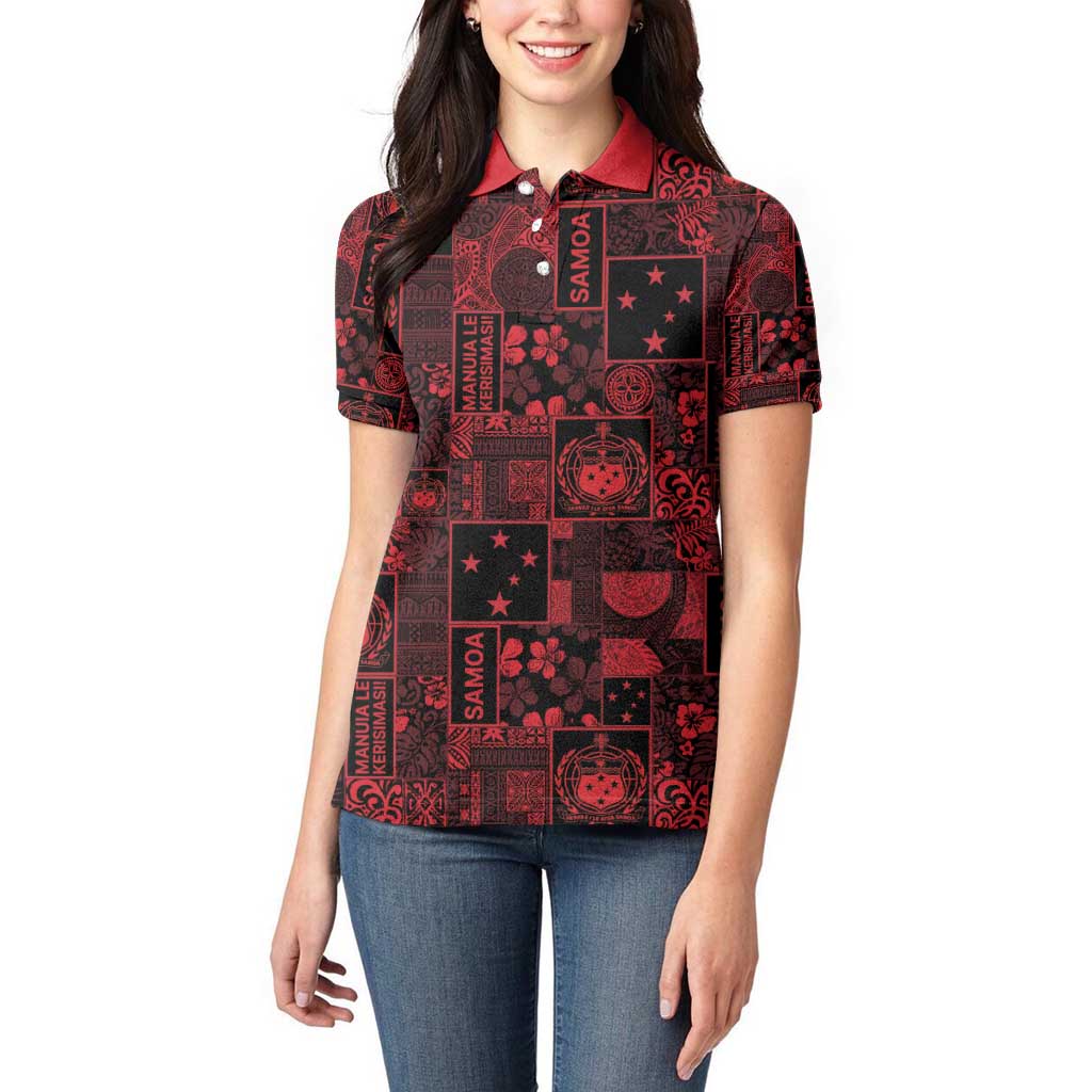 Dark Samoa Manuia Le Kerisimasi Women Polo Shirt Pacific Patchwork Xmas Vibes - Polynesian Pride