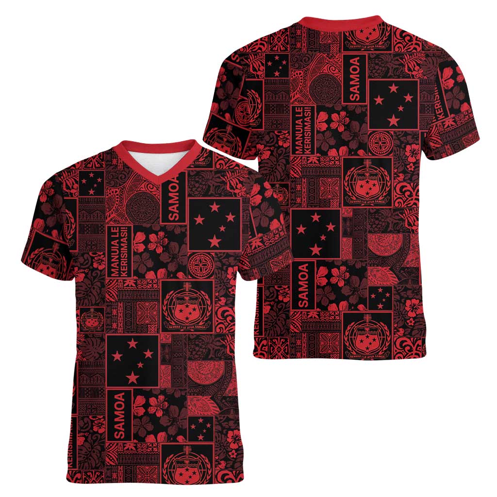 Dark Samoa Manuia Le Kerisimasi Women V-Neck T-Shirt Pacific Patchwork Xmas Vibes - Polynesian Pride