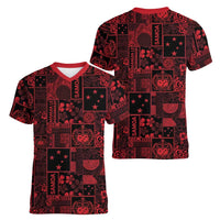 Dark Samoa Manuia Le Kerisimasi Women V-Neck T-Shirt Pacific Patchwork Xmas Vibes - Polynesian Pride