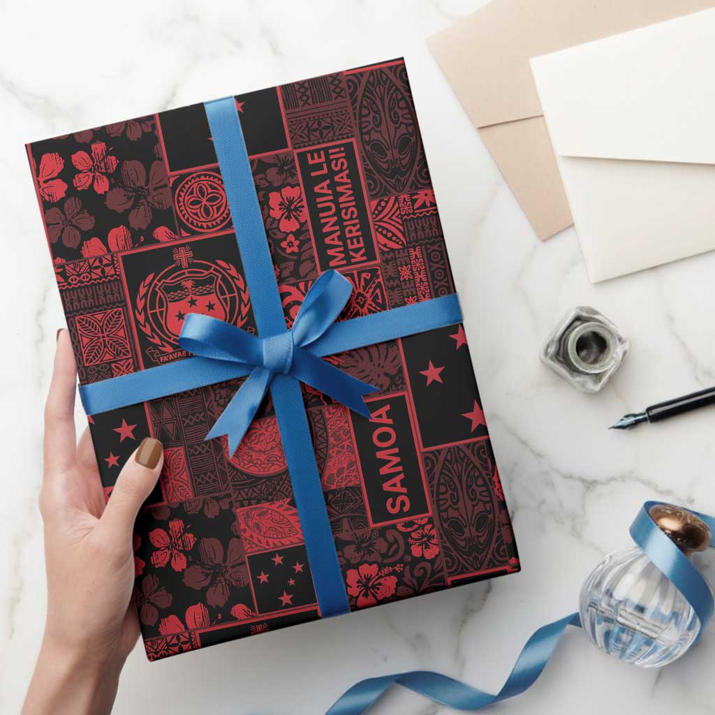 Dark Samoa Manuia Le Kerisimasi Wrapping Paper Pacific Patchwork Xmas Vibes - Polynesian Pride
