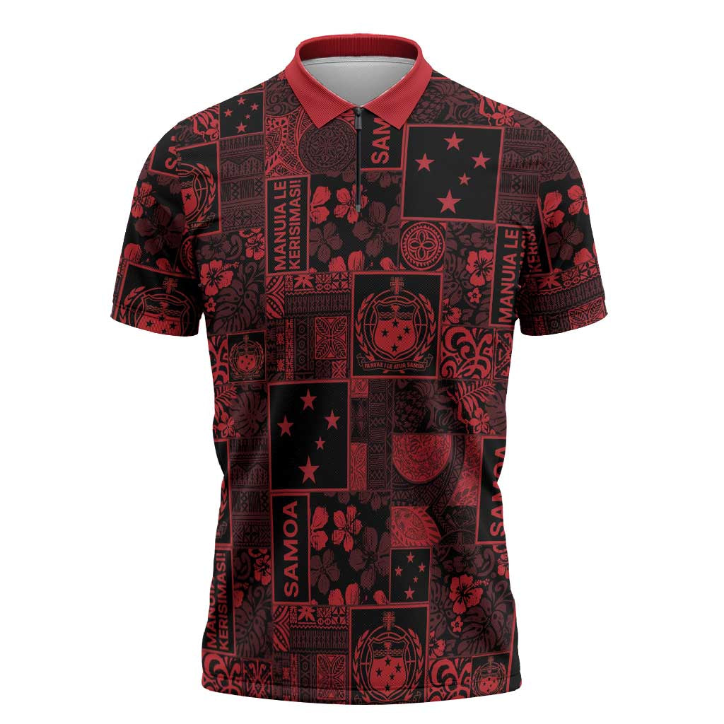 Dark Samoa Manuia Le Kerisimasi Zipper Polo Shirt Pacific Patchwork Xmas Vibes LT9 Red - Polynesian Pride