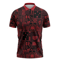 Dark Samoa Manuia Le Kerisimasi Zipper Polo Shirt Pacific Patchwork Xmas Vibes LT9 Red - Polynesian Pride