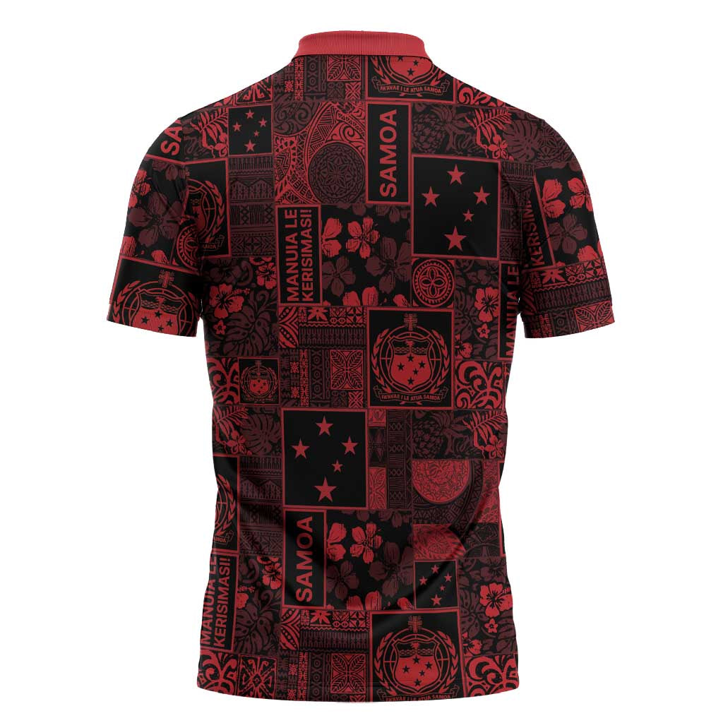 Dark Samoa Manuia Le Kerisimasi Zipper Polo Shirt Pacific Patchwork Xmas Vibes LT9 - Polynesian Pride