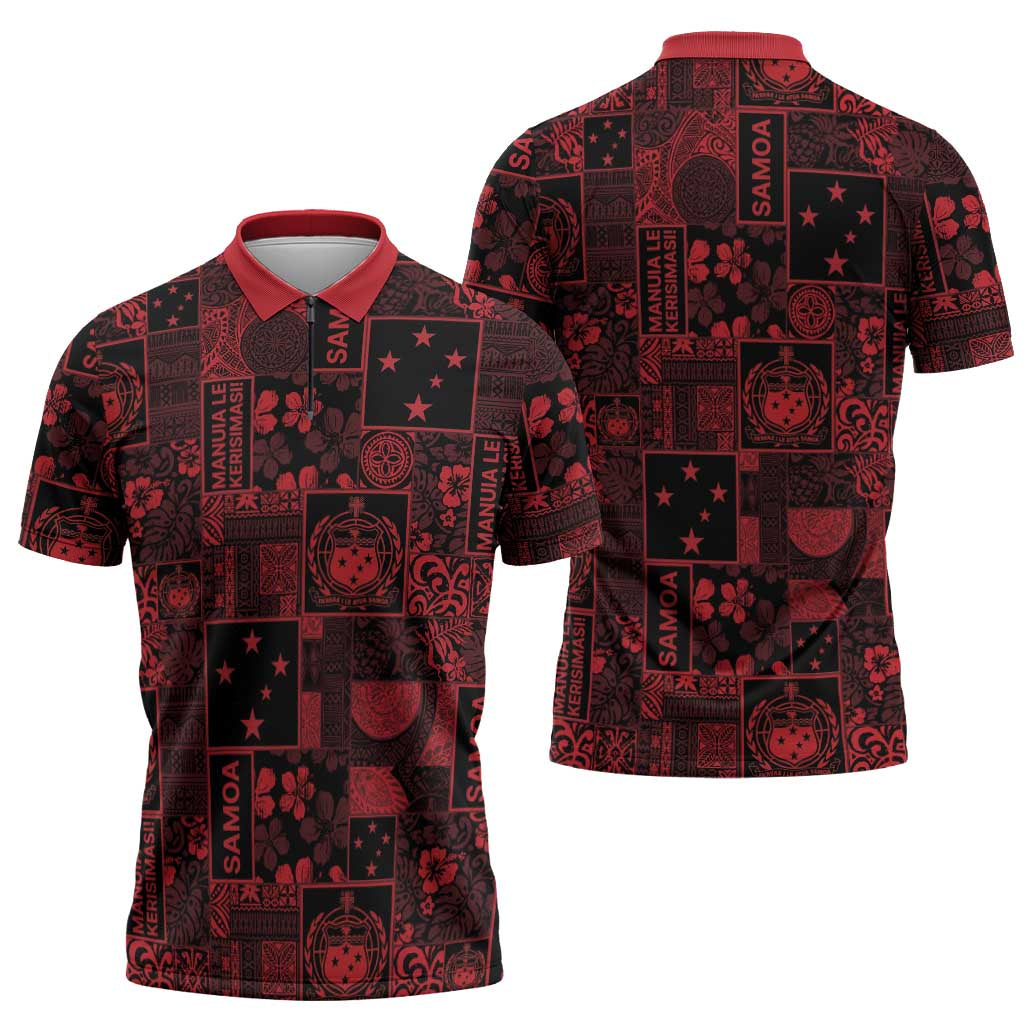 Dark Samoa Manuia Le Kerisimasi Zipper Polo Shirt Pacific Patchwork Xmas Vibes LT9 - Polynesian Pride