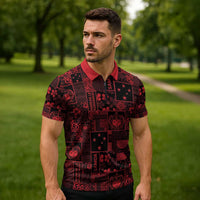 Dark Samoa Manuia Le Kerisimasi Zipper Polo Shirt Pacific Patchwork Xmas Vibes LT9 - Polynesian Pride