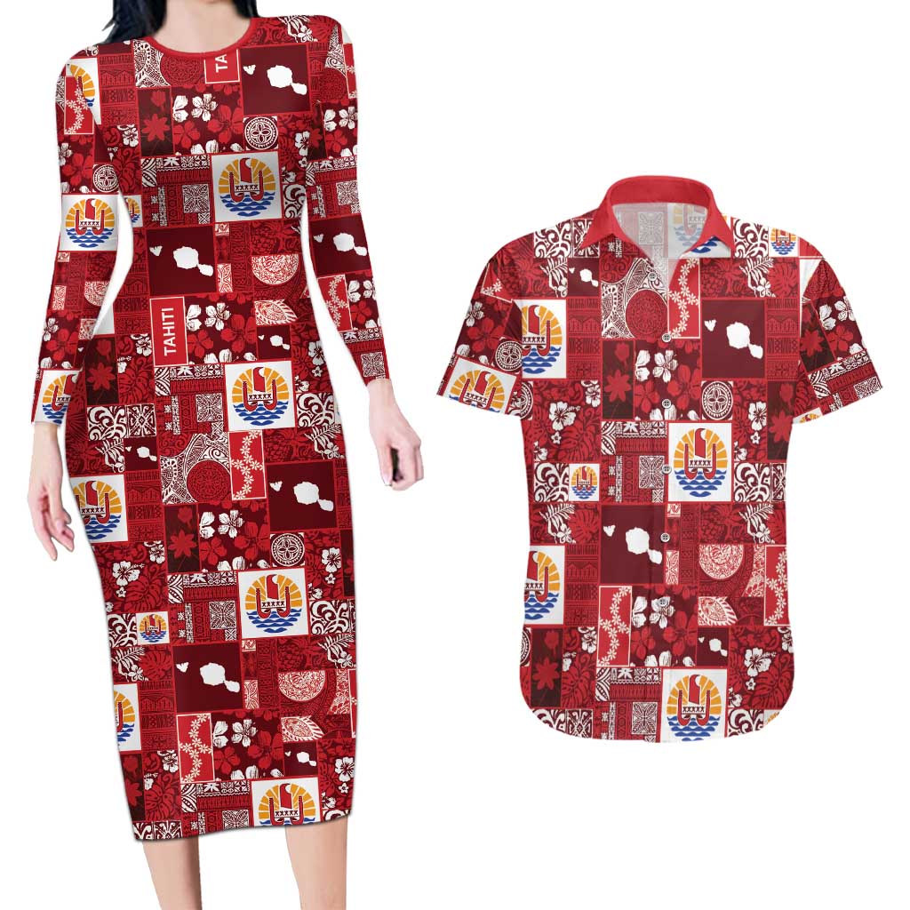 Tahiti Oaoa I Teie Noera Couples Matching Long Sleeve Bodycon Dress and Hawaiian Shirt Pacific Patchwork Xmas Vibes LT9 Red - Polynesian Pride