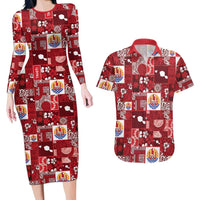 Tahiti Oaoa I Teie Noera Couples Matching Long Sleeve Bodycon Dress and Hawaiian Shirt Pacific Patchwork Xmas Vibes LT9 Red - Polynesian Pride