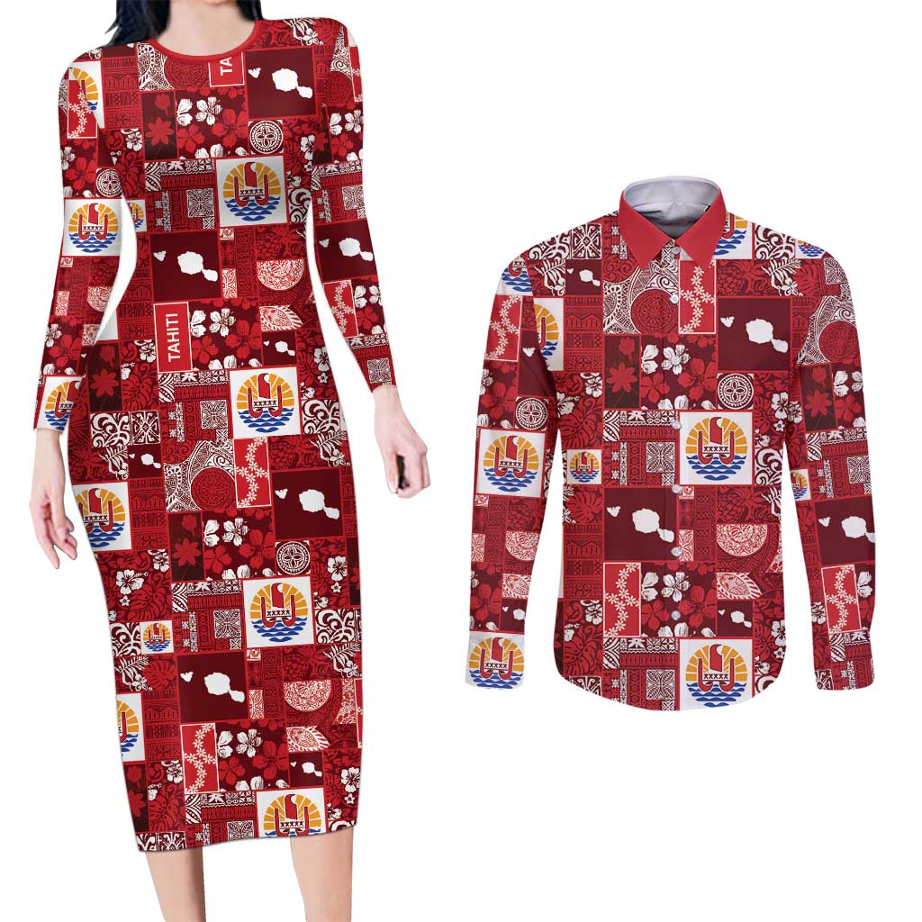 Tahiti Oaoa I Teie Noera Couples Matching Long Sleeve Bodycon Dress and Long Sleeve Button Shirt Pacific Patchwork Xmas Vibes LT9 Red - Polynesian Pride