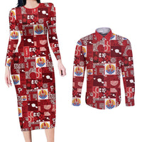 Tahiti Oaoa I Teie Noera Couples Matching Long Sleeve Bodycon Dress and Long Sleeve Button Shirt Pacific Patchwork Xmas Vibes LT9 Red - Polynesian Pride