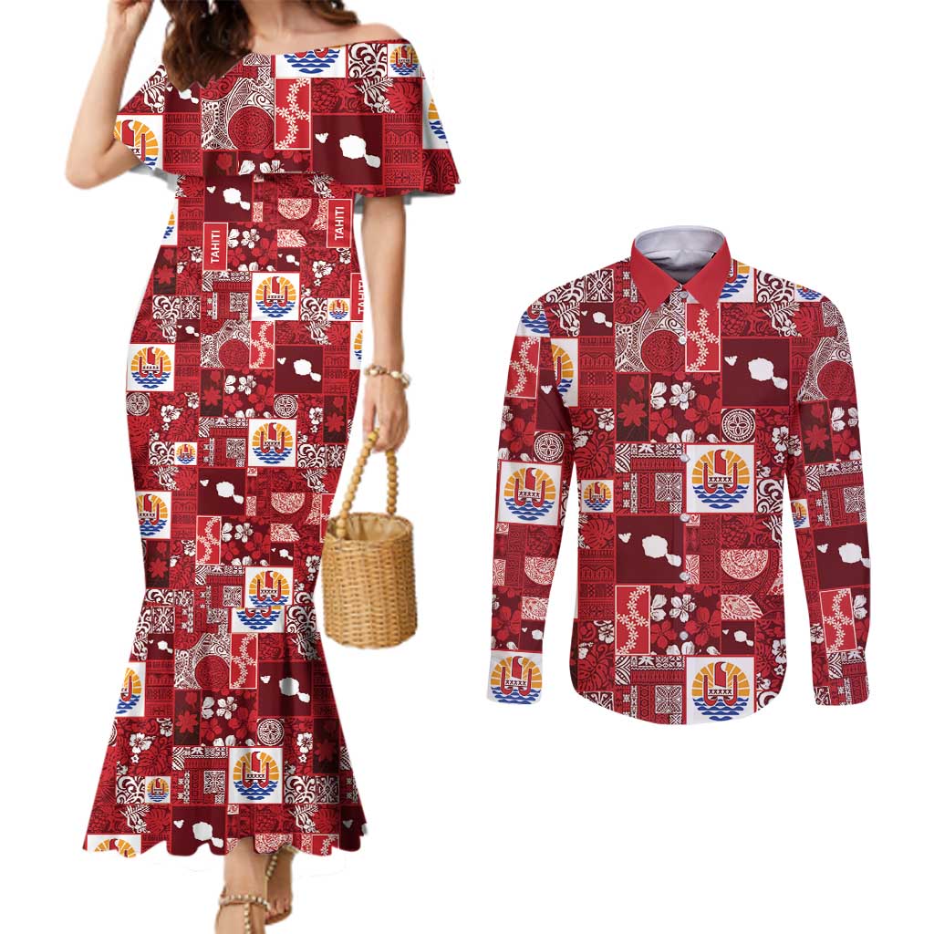 Tahiti Oaoa I Teie Noera Couples Matching Mermaid Dress and Long Sleeve Button Shirt Pacific Patchwork Xmas Vibes LT9 Red - Polynesian Pride