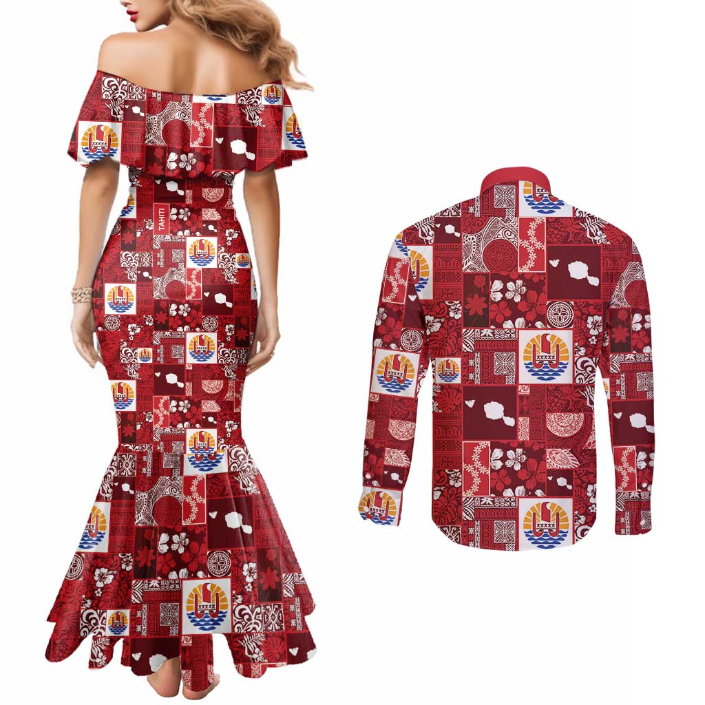 Tahiti Oaoa I Teie Noera Couples Matching Mermaid Dress and Long Sleeve Button Shirt Pacific Patchwork Xmas Vibes LT9 - Polynesian Pride