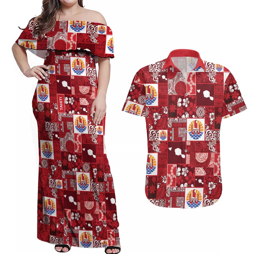 Tahiti Oaoa I Teie Noera Couples Matching Off Shoulder Maxi Dress and Hawaiian Shirt Pacific Patchwork Xmas Vibes LT9 Red - Polynesian Pride