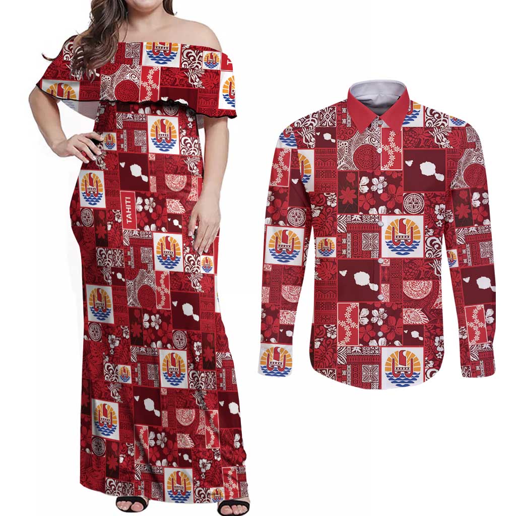 Tahiti Oaoa I Teie Noera Couples Matching Off Shoulder Maxi Dress and Long Sleeve Button Shirt Pacific Patchwork Xmas Vibes LT9 Red - Polynesian Pride