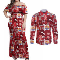 Tahiti Oaoa I Teie Noera Couples Matching Off Shoulder Maxi Dress and Long Sleeve Button Shirt Pacific Patchwork Xmas Vibes LT9 Red - Polynesian Pride