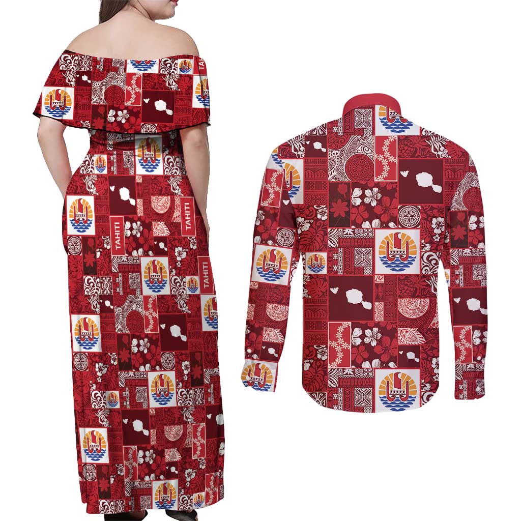 Tahiti Oaoa I Teie Noera Couples Matching Off Shoulder Maxi Dress and Long Sleeve Button Shirt Pacific Patchwork Xmas Vibes LT9 - Polynesian Pride