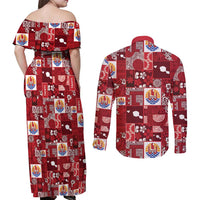 Tahiti Oaoa I Teie Noera Couples Matching Off Shoulder Maxi Dress and Long Sleeve Button Shirt Pacific Patchwork Xmas Vibes LT9 - Polynesian Pride