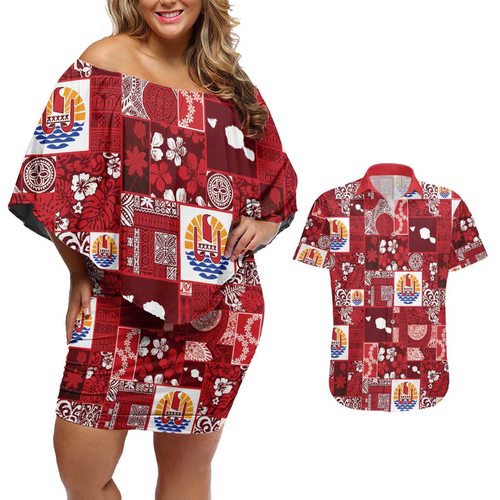 Tahiti Oaoa I Teie Noera Couples Matching Off Shoulder Short Dress and Hawaiian Shirt Pacific Patchwork Xmas Vibes LT9 Red - Polynesian Pride