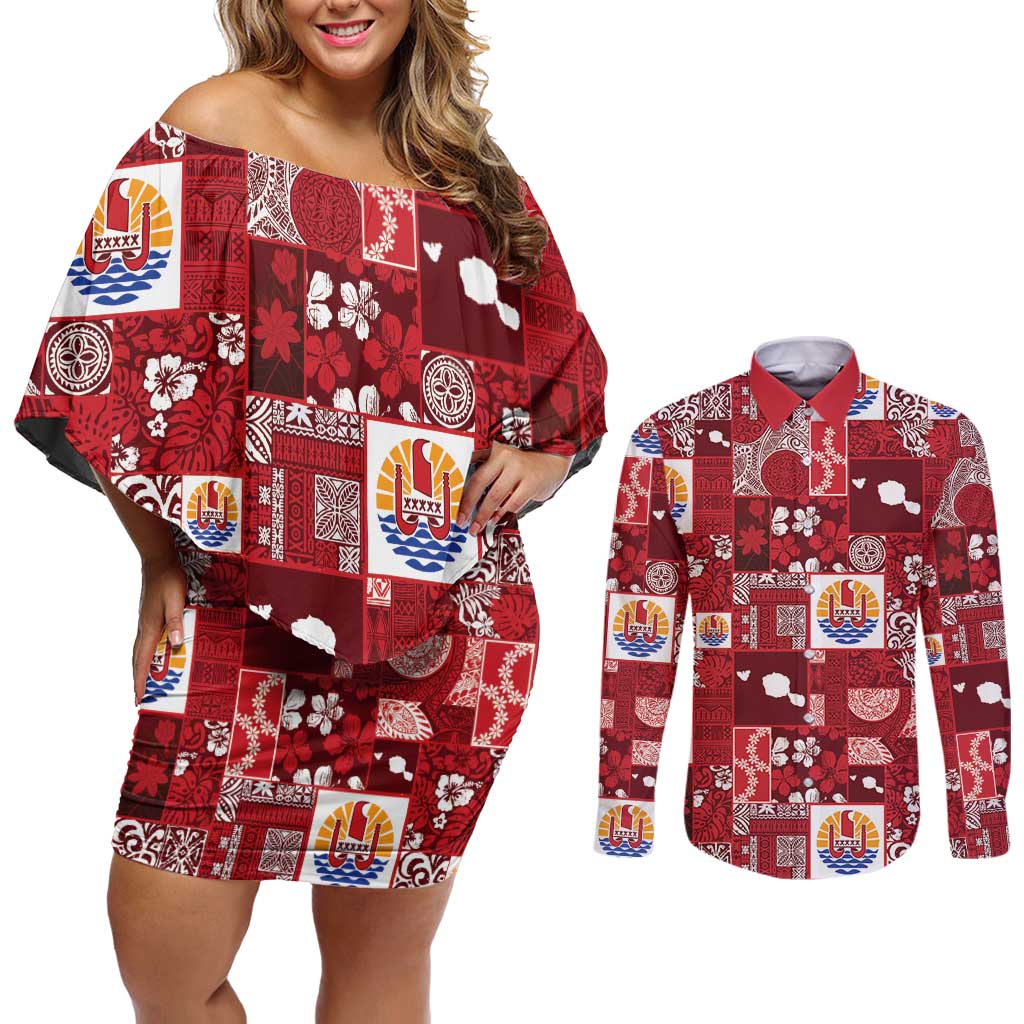 Tahiti Oaoa I Teie Noera Couples Matching Off Shoulder Short Dress and Long Sleeve Button Shirt Pacific Patchwork Xmas Vibes LT9 Red - Polynesian Pride