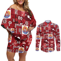 Tahiti Oaoa I Teie Noera Couples Matching Off Shoulder Short Dress and Long Sleeve Button Shirt Pacific Patchwork Xmas Vibes LT9 Red - Polynesian Pride