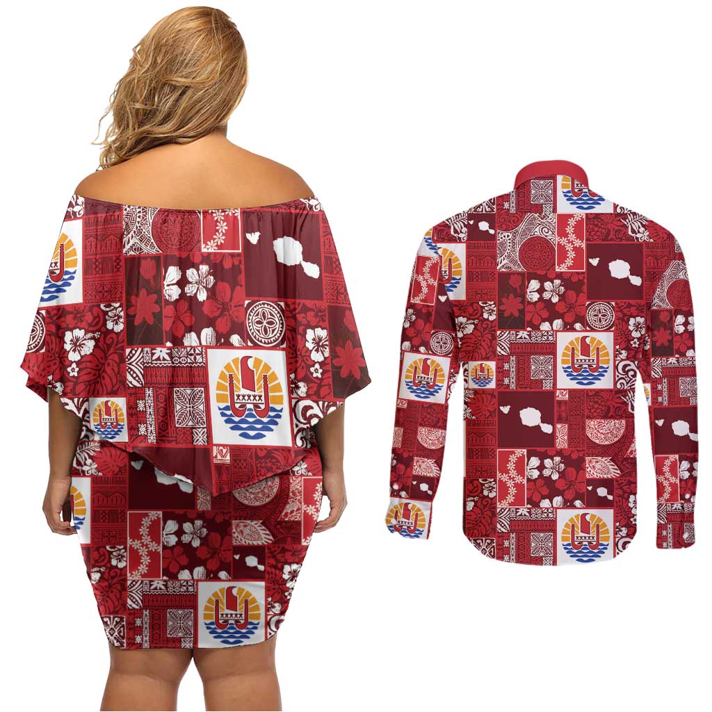 Tahiti Oaoa I Teie Noera Couples Matching Off Shoulder Short Dress and Long Sleeve Button Shirt Pacific Patchwork Xmas Vibes LT9 - Polynesian Pride