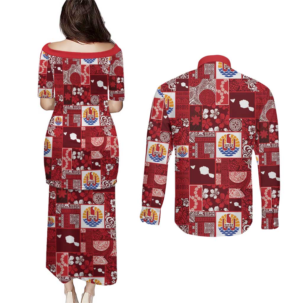 Tahiti Oaoa I Teie Noera Couples Matching Puletasi and Long Sleeve Button Shirt Pacific Patchwork Xmas Vibes - Polynesian Pride