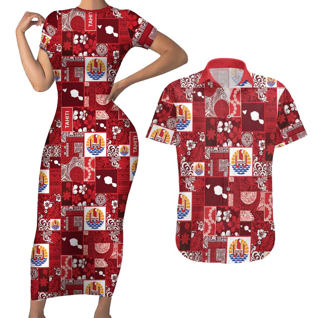 Tahiti Oaoa I Teie Noera Couples Matching Short Sleeve Bodycon Dress and Hawaiian Shirt Pacific Patchwork Xmas Vibes LT9 Red - Polynesian Pride